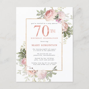 Blush Pink Gold Floral 70th Birthday Party Invitation Postcard