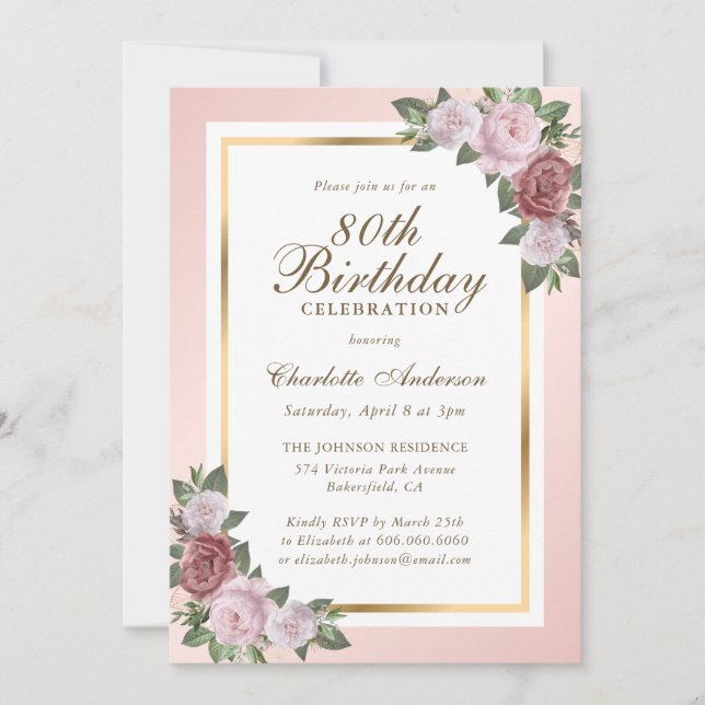 Blush Pink Gold Floral 80th Birthday Invitation (Front)