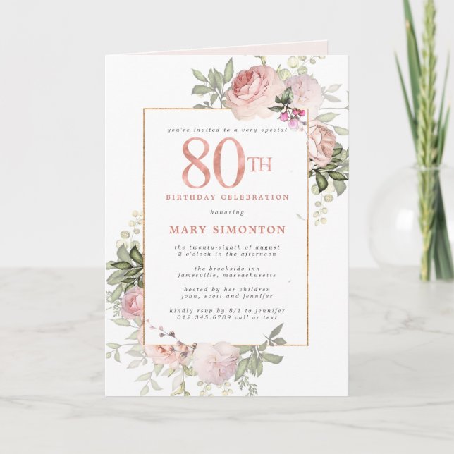 Blush Pink Gold Floral 80th Birthday Party Invitation (Front)