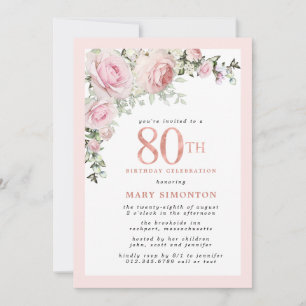 Blush Pink Gold Floral 80th Birthday Party Invitation