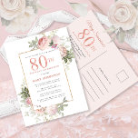 Blush Pink Gold Floral 80th Birthday Party Invitation Postcard<br><div class="desc">Honour a special woman with this elegant and feminine 80th Birthday party invitation. 80th is written in large pink text. Birthday celebration follows. The honoured guest's name is also in pink capital letters. The remainder of the text is soft dove grey. The birthday celebration details are surrounded by a chic...</div>