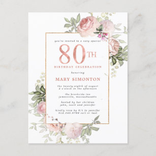 Blush Pink Gold Floral 80th Birthday Party Invitation Postcard