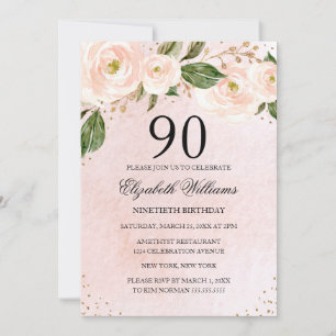 Blush Pink Gold Floral 90th Birthday Invitation