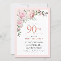Blush Pink Gold Floral 90th Birthday Party Invitat