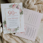 Blush Pink Gold Floral 90th Birthday Party Invitation Postcard<br><div class="desc">Honour a special woman with this elegant and feminine 90th Birthday party invitation. 90th is written in large pink text. Birthday celebration follows. The honoured guest's name is also in pink capital letters. The remainder of the text is soft dove grey. The birthday celebration details are surrounded by a chic...</div>