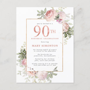Blush Pink Gold Floral 90th Birthday Party Invitation Postcard