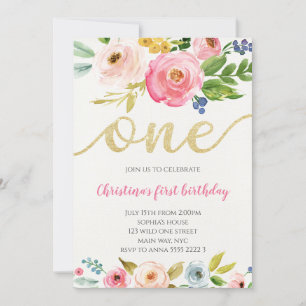 Blush Pink Gold Floral Baby Girl First Birthday Invitation