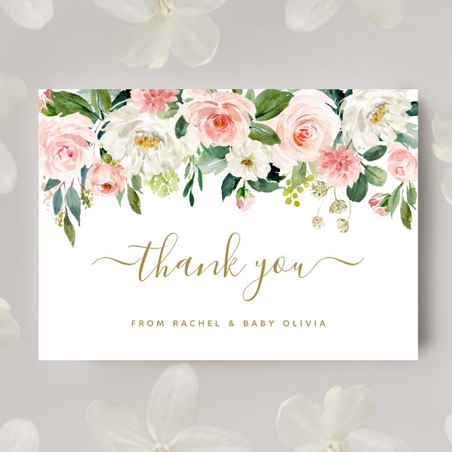 Blush Pink Gold Floral Baby Shower Thank You (Pink Floral Thank You Card)