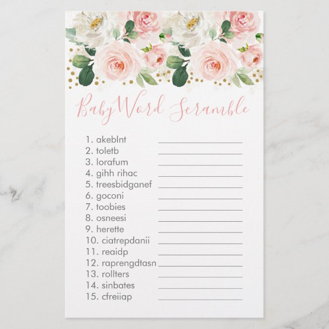 Blush Pink Gold Floral Baby Word Scramble Game (Front)