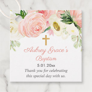 Blush pink gold floral baptism first communion favour tags