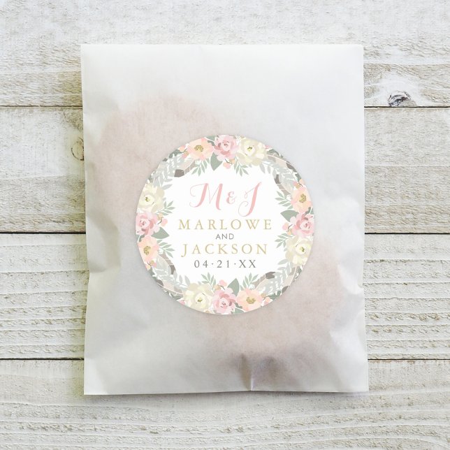 Blush Pink Gold Floral Boho Monogram Wedding Classic Round Sticker (Creator Uploaded)