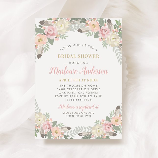 Blush Pink Gold Floral Boho Wedding Bridal Shower Invitation (Creator Uploaded)