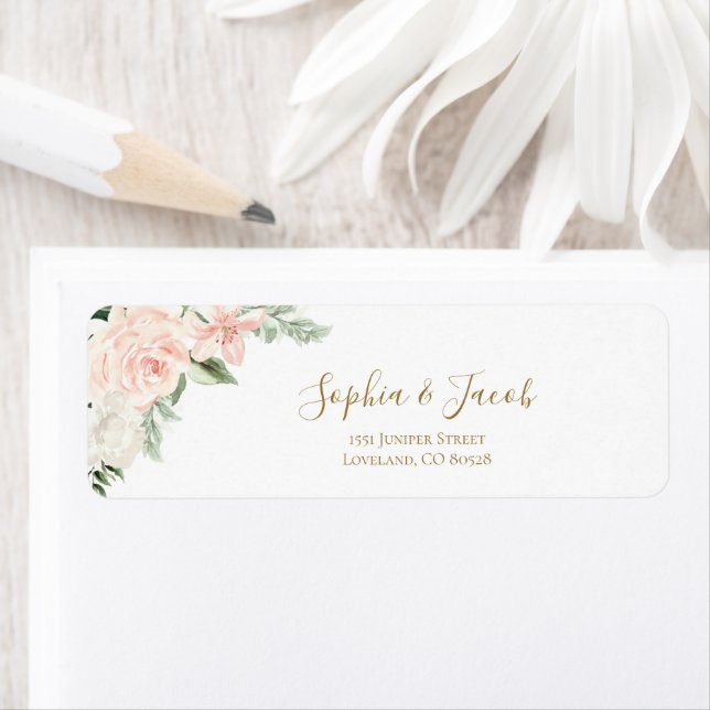 Blush Pink & Gold Floral Botanical Return Address Label (Insitu)