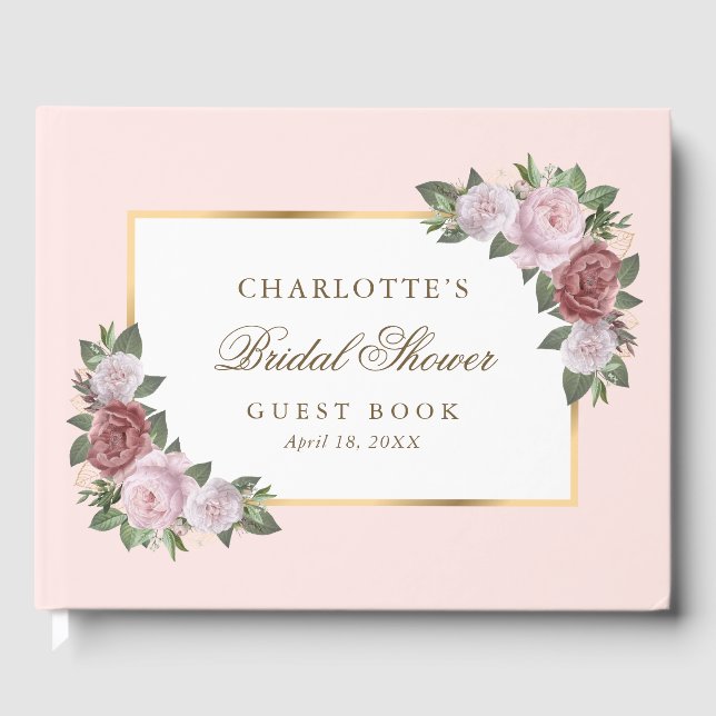 Blush Pink Gold Floral Bridal Shower Guest Book (Front)