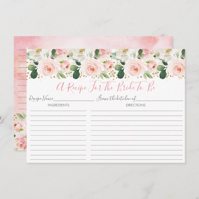 Blush Pink Gold Floral Bridal Shower Recipe Cards (Front/Back)