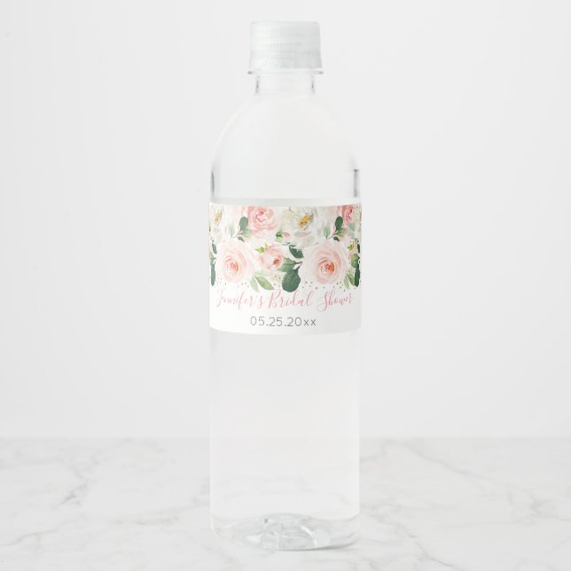 Blush Pink Gold Floral Bridal Shower Water Bottle Label (Front)
