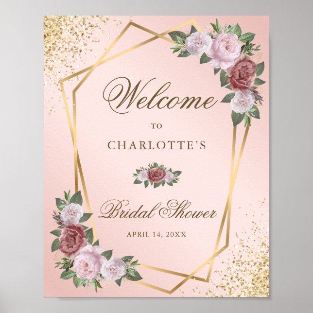 Blush Pink Gold Floral Bridal Shower Welcome Sign (Front)