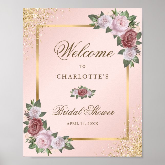Blush Pink Gold Floral Bridal Shower Welcome Sign (Front)