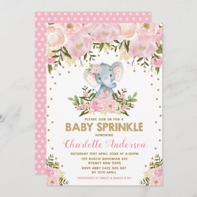 Blush Pink Gold Floral Elephant Girl Baby Sprinkle Invitation (Front/Back)