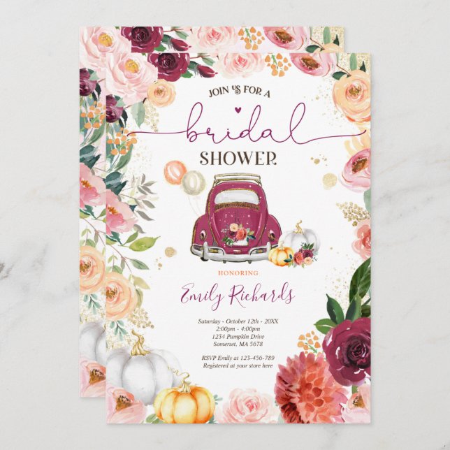 Blush Pink Gold Floral Fall Pumpkin Bridal Shower Invitation (Front/Back)