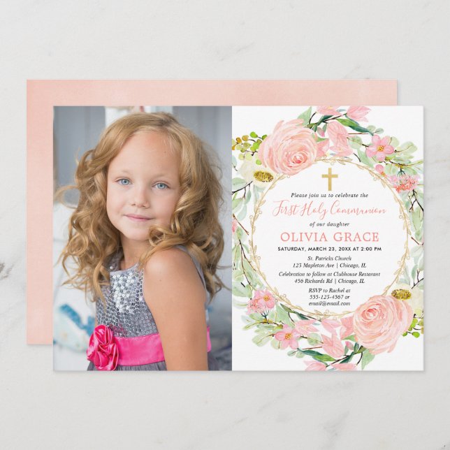 Blush pink gold floral First Holy Communion photo Invitation (Front/Back)