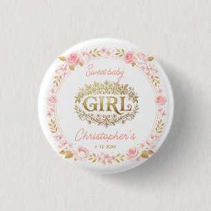 Blush Pink & Gold Floral Girl Baby Shower 3 Cm Round Badge