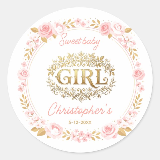 Blush Pink & Gold Floral Girl Baby Shower Classic Round Sticker (Front)