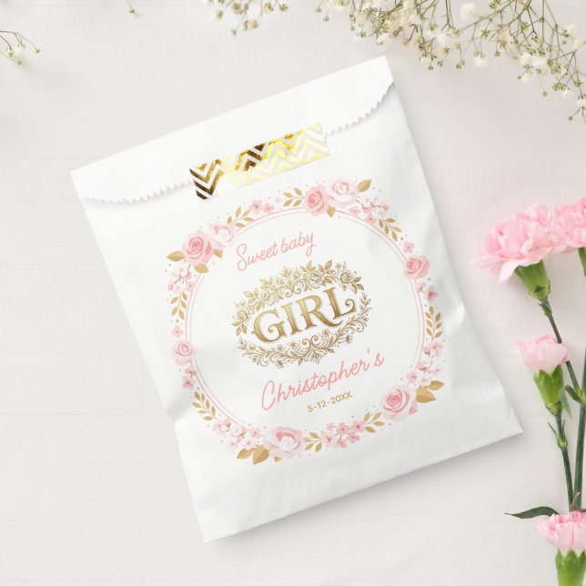 Blush Pink & Gold Floral Girl Baby Shower Favour Bag (Sealed)