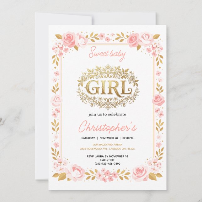 Blush Pink & Gold Floral Girl Baby Shower Invitation (Front)