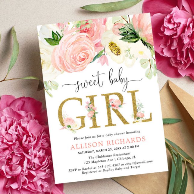 Blush pink gold Floral Girl baby shower Invitation (Creator Uploaded)