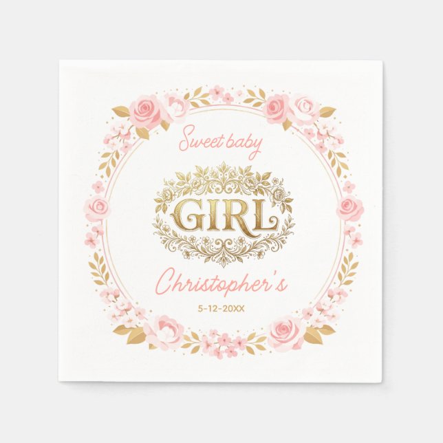 Blush Pink & Gold Floral Girl Baby Shower Napkin (Front)