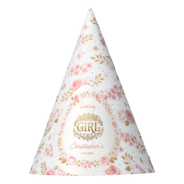 Blush Pink & Gold Floral Girl Baby Shower Party Hat (Front)