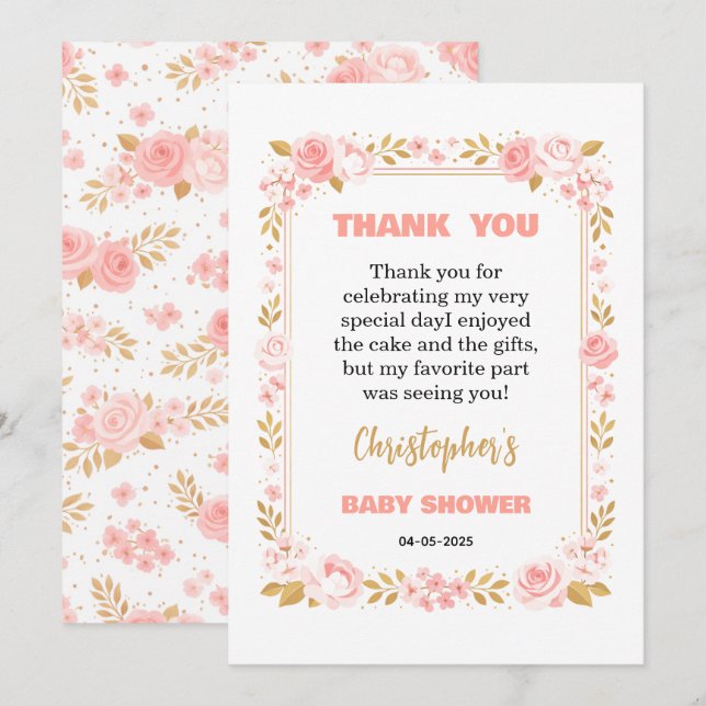 Blush Pink & Gold Floral Girl Baby Shower Thank You Card (Front/Back)