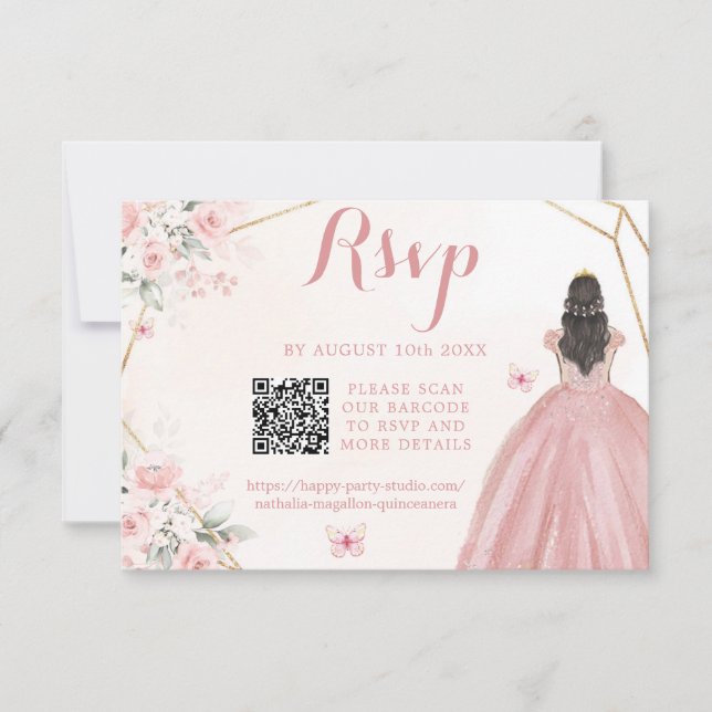 Blush Pink Gold Floral Girl Charra XV Años QR RSVP Card (Front)