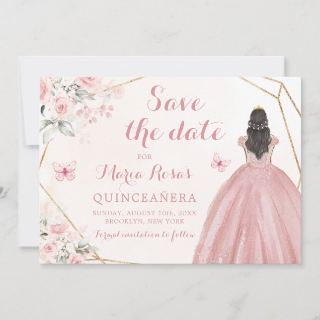 Blush Pink Gold Floral Girl Quinceañera Invitation (Front)