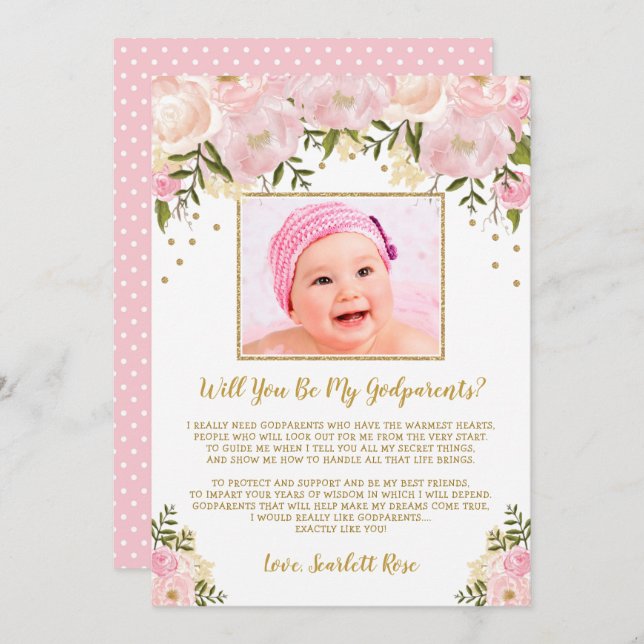 Blush Pink Gold Floral Godparents Proposal Card (Front/Back)