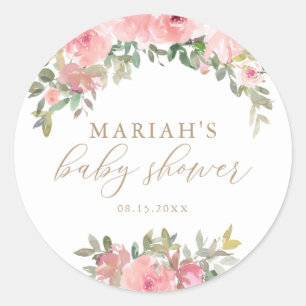 Blush Pink Gold Floral Greenery Baby Shower Classic Round Sticker