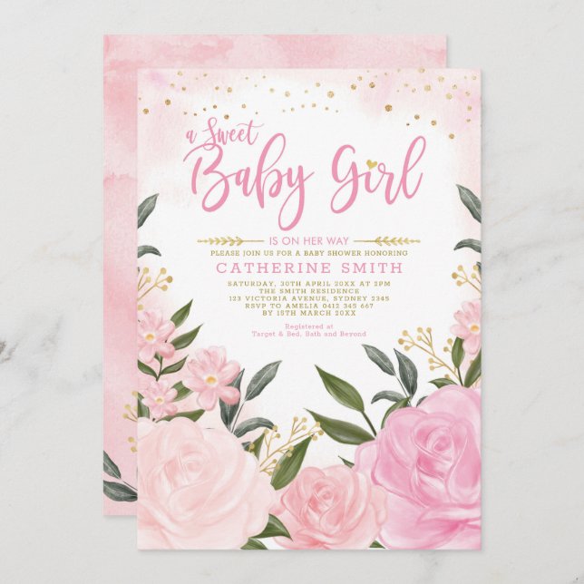 Blush Pink Gold Floral Greenery Girl Baby Shower Invitation (Front/Back)