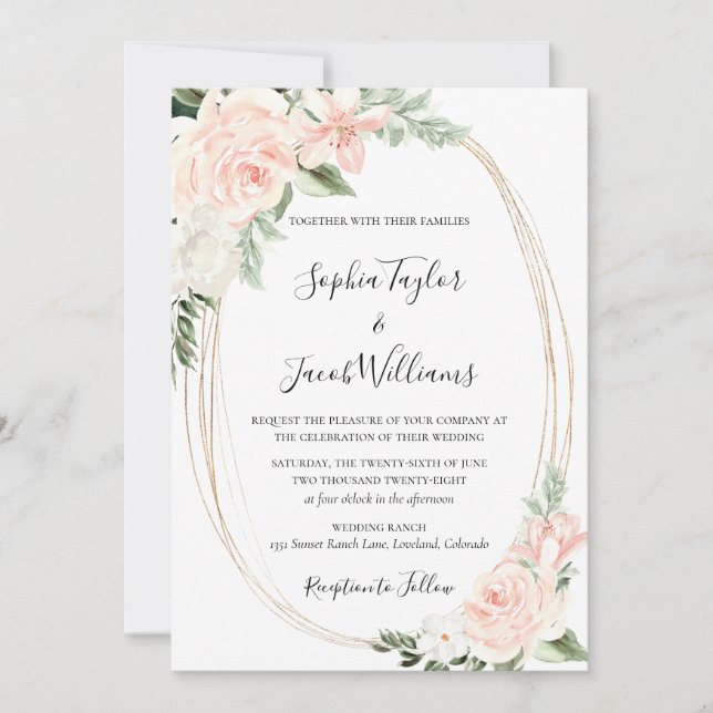 Blush Pink Gold Floral Greenery Wedding Invitation (Front)