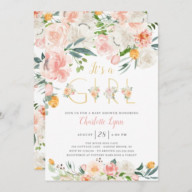 Blush Pink Gold Floral It's A Girl Baby Shower Invitation (Front/Back)