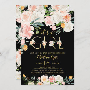 Blush Pink Gold Floral It's A Girl Baby Shower Invitation