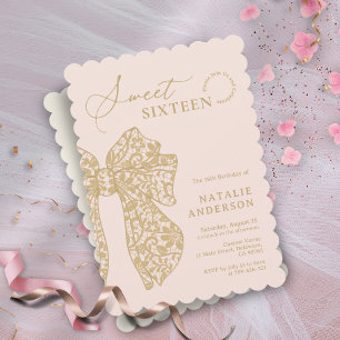 Blush Pink & Gold Floral Lace Bow Sweet Sixteen Invitation