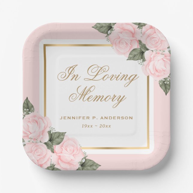 Blush Pink Gold Floral Memorial Funeral Paper Plate (Front)