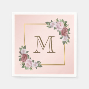 Blush Pink Gold Floral Monogram Wedding Napkins