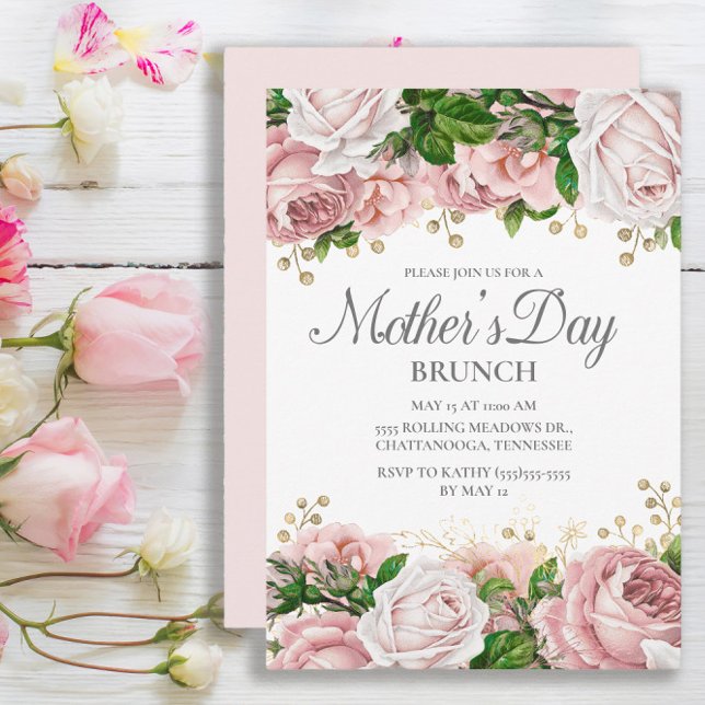 Blush Pink Gold Floral Mother's Day Brunch Invitation (Elegant pink roses Mother's Day invitation)