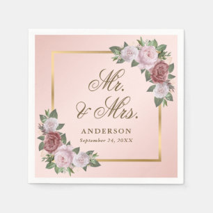 Blush Pink Gold Floral Mr and Mrs Wedding Napkins