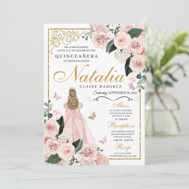 Blush Pink Gold Floral Princess Quinceanera Invitation (Standing Front)