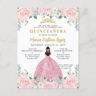 Blush Pink Gold Floral Princess Quinceañera Postcard