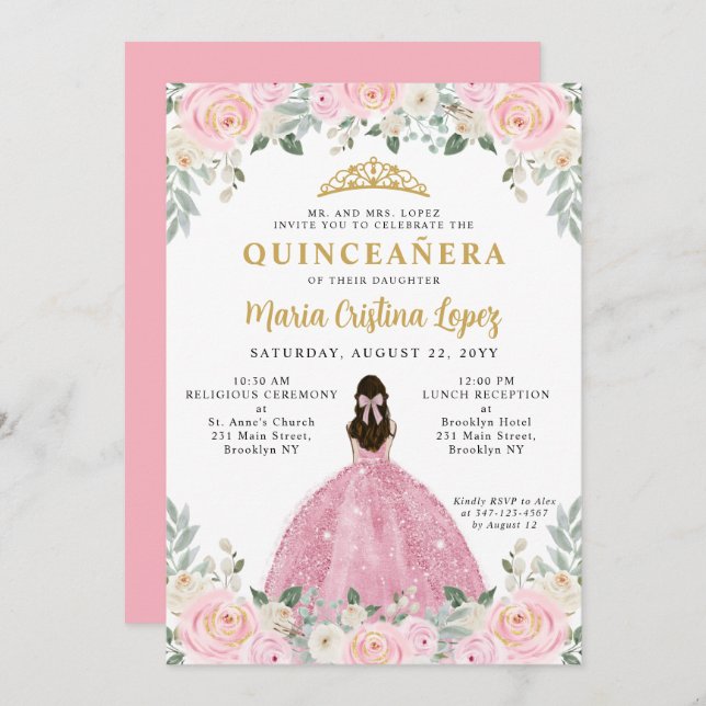 Blush Pink Gold Floral Princess Tiara Quinceañera Invitation (Front/Back)