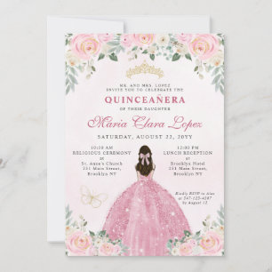 Blush Pink Gold Floral Princess Tiara Quinceañera Invitation